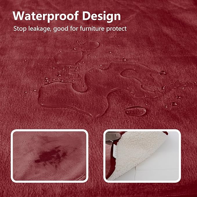 Waterproof Dog Blankets for Large Dogs, Washable Pet Blanket for Indoor Cats, Plush Sherpa Puppy Throw Furniture Protector for Bed Couch Sofa(40"x50",L,Burgundy Red)
