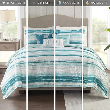 Madison Park Marina Comforter Quilt Combo Set - Modern Luxury Design, All Season Down Alternative Bedding, Matching Shams, Decorative Pillows, Full/Queen(90"x90"), Aqua 8 Piece