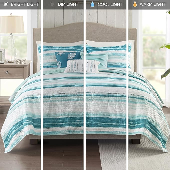 Madison Park Marina Comforter Quilt Combo Set - Modern Luxury Design, All Season Down Alternative Bedding, Matching Shams, Decorative Pillows, King/Cal King(104"x92"), Aqua 8 Piece