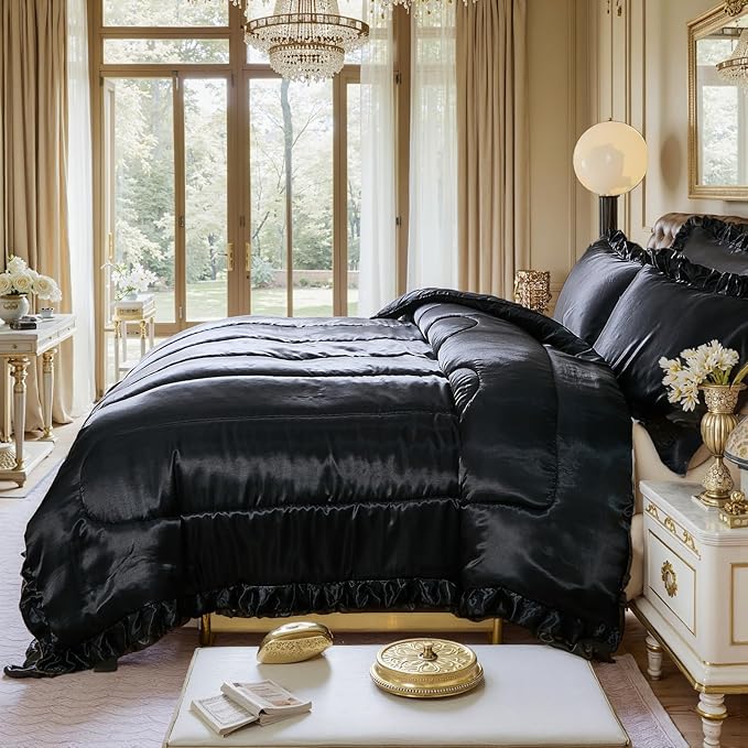 Satin Queen Comforter Set Silk Like Satin Bedding Set Hotel Soft Polyester Black Bed Set Luxury Silky Pillow Cover with Quilt Set Ruffle Down Comforter Home Decor