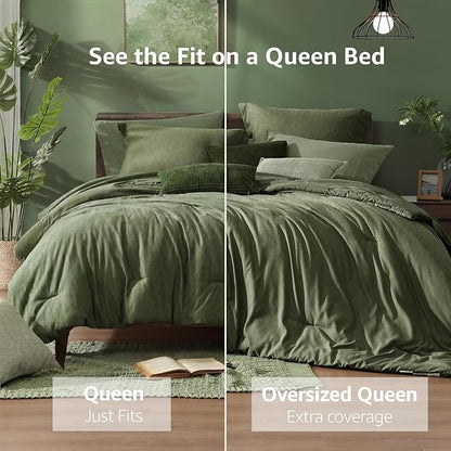 Monbix Oversized Queen Comforter Set - 7 Pieces Cationic Dyeing Olive Green Bed in a Bag Bedding Sets with Comforter, Sheets, Pillowcases & Shams, Reversible Bedding Comforters Sets