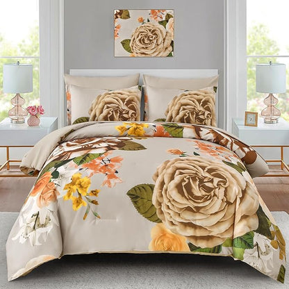 Drucon Brown Floral Comforter Set Queen, 7 Pieces Bed in a Bag Botanical Floral Comforter Soft Microfiber Brown Bedding Set Queen Size Bed with Sheet and Pillowcase