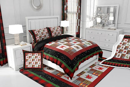 Merry Christmas Bedding Set Queen Size,Red Black Checkered Patchwork Comforter Set for Kids Teens Women Men Room Decor,Christmas Tree Pinecone Bowknots Quilt Set Retro Plaid Duvet Insert 3Pcs
