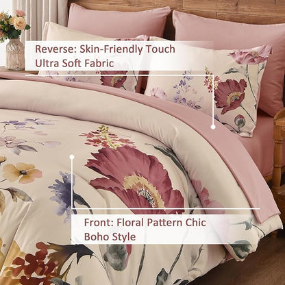 DJY 7 Pieces King Floral Comforter Set, Cream & Blush Botanical Bed in a Bag, Soft Microfiber Comforter and Sheet Set with Flower Leaves Pattern, Floral Bedding Set for All Season(104''x90'')
