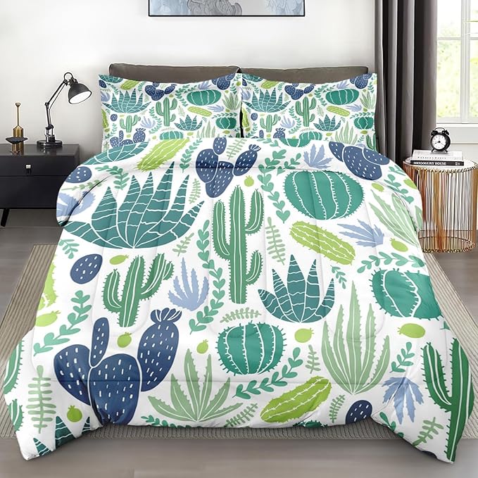 Comforter Set King Size, Green Plants Desert 3 Pcs Soft Bedding Set for Kids and Adults, Cactus Flower Summer Comforter Set with 2 Pillowcases, for Bedroom Bed Decor