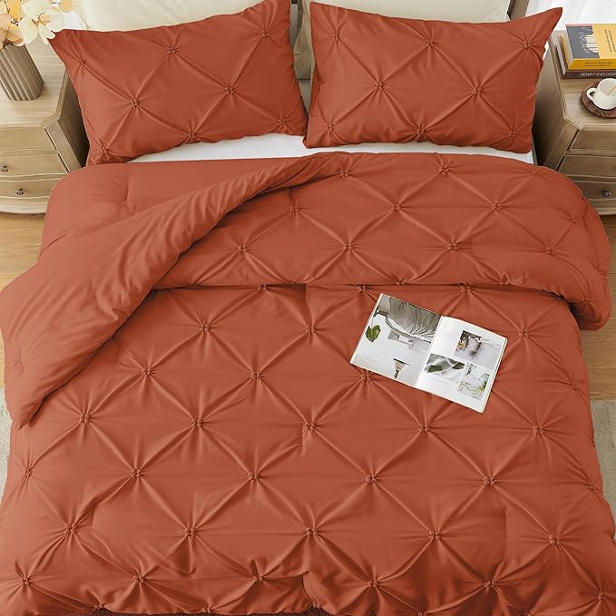 UNIKOME King Size Comforter Set Burnt Orange - Ultra Soft Boho Pintuck Down Alternative Bedding Set for All Seasons, 3 Pieces Lightweight Warm Pinch Pleat Bed Set with Comforter, 2 Pillowcases