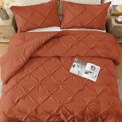 UNIKOME Queen Comforter Set Burnt Orange - Ultra Soft Boho Pintuck Down Alternative Bedding Set for All Seasons, 3 Pieces Lightweight Warm Pinch Pleat Bed Set with Comforter, 2 Pillowcases