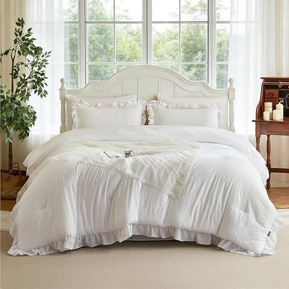 MR&HM White Comforter Set Full Size for Girls Women 7 Pieces, Shabby Chic Vintage Cottagecore Bed Sets Elegance Boho Bed in a Bag, Ultra-Soft & Fluffy Comforter for All Season