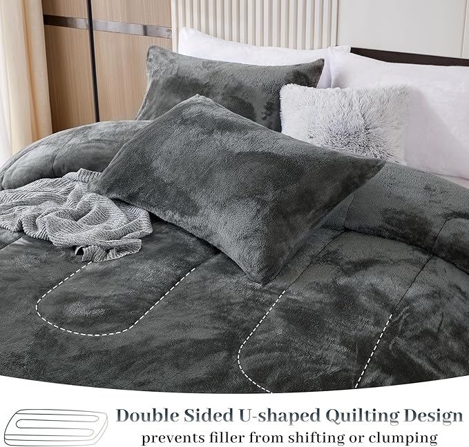 YIYEA Fluffy Queen Size Comforter Set, Luxury Faux Fur Comforter, Ultra Soft Plush Fuzzy Velvet Bedding Comforter Sets for Fall Winter, Cozy Warmth, No Shedding, 3PC, Queen, Dark Grey