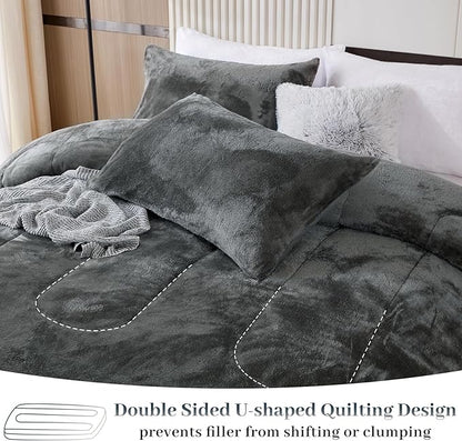 YIYEA Fluffy Queen Size Comforter Set, Luxury Faux Fur Comforter, Ultra Soft Plush Fuzzy Velvet Bedding Comforter Sets for Fall Winter, Cozy Warmth, No Shedding, 3PC, Queen, Dark Grey