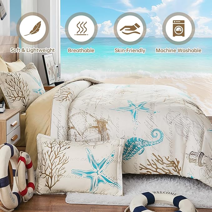 Comforter Set King Size Coastal, Beach Themed Comforters,7 Pieces Ocean Starfish Bed in a Bag Nautical Bedding with Sheets for Spring Summer