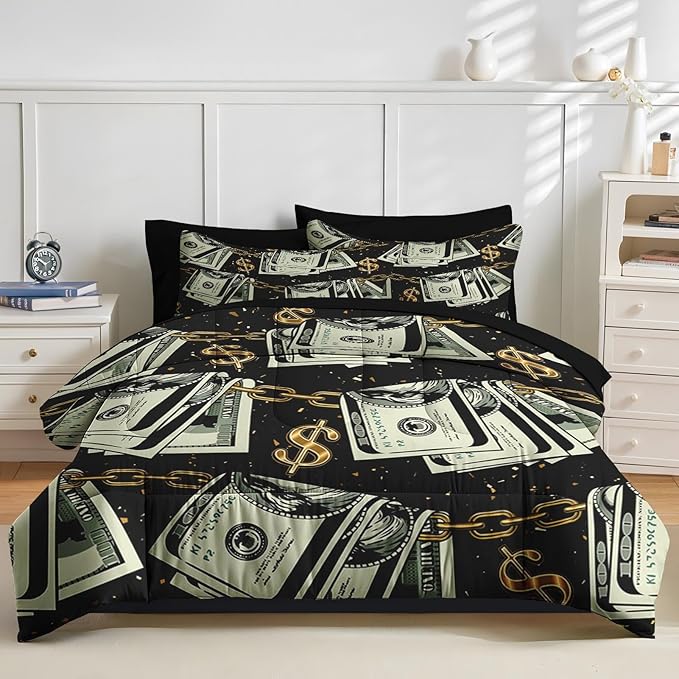 Nesker 7 Pcs Comforter Set Queen Size, Gold Money Bill Coins Bedding Set for Kids and Adults, Abstract One Hundred Dollar Sheets Bed Sheet Sets with Fitted Sheet 2 Pillowcases & 2 Shams
