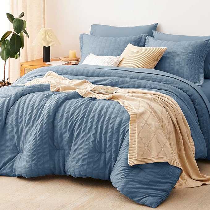 CozyLux Grayish Blue King Size Comforter Set Seersucker 7 Pieces Dusty Blue Bed in a Bag King Comforter Set with Sheets, Luxury Bedding Set with Down Alternative Comforter, Sheets, Pillowcases & Shams