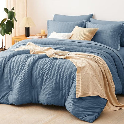 CozyLux Grayish Blue Queen Comforter Set Seersucker 7 Pieces Dusty Blue Bed in a Bag Queen Comforter Set with Sheets, Luxury Bedding Set with Down Alternative Comforter, Sheets, Pillowcases & Shams