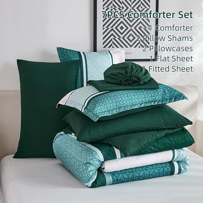 WONGS BEDDING 7 Pieces Comforter Set King Size, Green Striped Bed in a Bag Comforter and Sheet Set, Emerald Green Boho Soft Lightweight Micorfiber Bedding Set for All Season (90"×104")