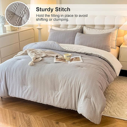 Boho Comforter Set Twin Size Striped Pleats Bohemian Seersucker Bedding Set All Season Soft Cozy 2 Pieces Quilt with 1 Pillowcase(68"X90" Grey)
