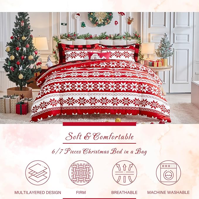 Tititada Christmas Red Bed in a Bag 7 Pcs King Size, Striped Snowflake Pattern Printed Bedding Comforter Set Warm for Winter(1 Comforter, 1 Flat Sheet, 1 Fitted Sheet, 2 Pillow Shams, 2 Pillowcases)
