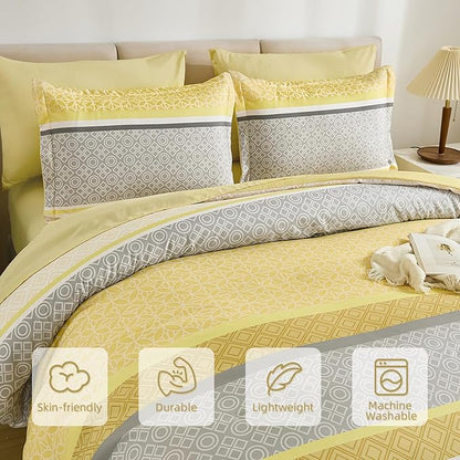 WONGS BEDDING Yellow Comforter Set Queen Size, 7 Pieces Striped Bed in a Bag Comforter and Sheet Set, Bohemian Soft Lightweight Micorfiber Bedding Set for All Seaon (90"×90")
