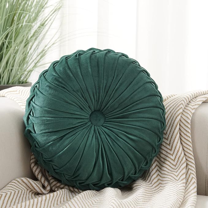 S_SSOY Round Throw Pillow for Couch Decorative 13"X13" Pumpkin Round Velvet Cushion for Sofa Bed Chair Floor Car Decorative (Dark Green)
