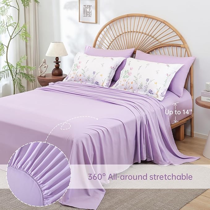 Yiran Purple Floral Comforter Set Queen Size, 7 Piece Cute Flower Comforters Bed in a Bag Lavender, Soft Microfiber Complete Aesthetic Botanical Bedding Set with Sheets for Women Girls