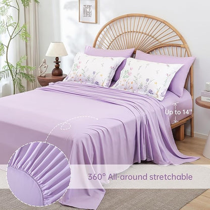 Yiran Purple Floral Comforter Set Queen Size, 7 Piece Cute Flower Comforters Bed in a Bag Lavender, Soft Microfiber Complete Aesthetic Botanical Bedding Set with Sheets for Women Girls