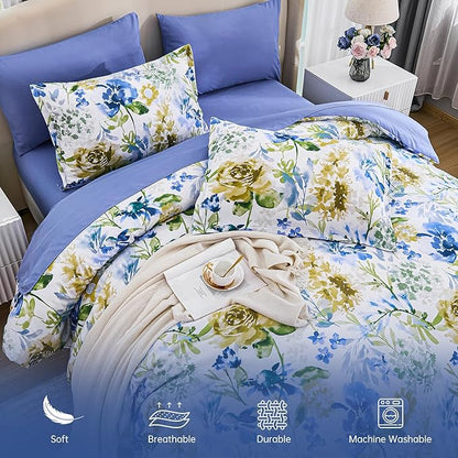Luxudecor Floral Comforter Set King Size 7 Pieces Bed in a Bag, Blue Flower Watercolor Bed Set, Soft Comforter with Sheet Set 104"x90"