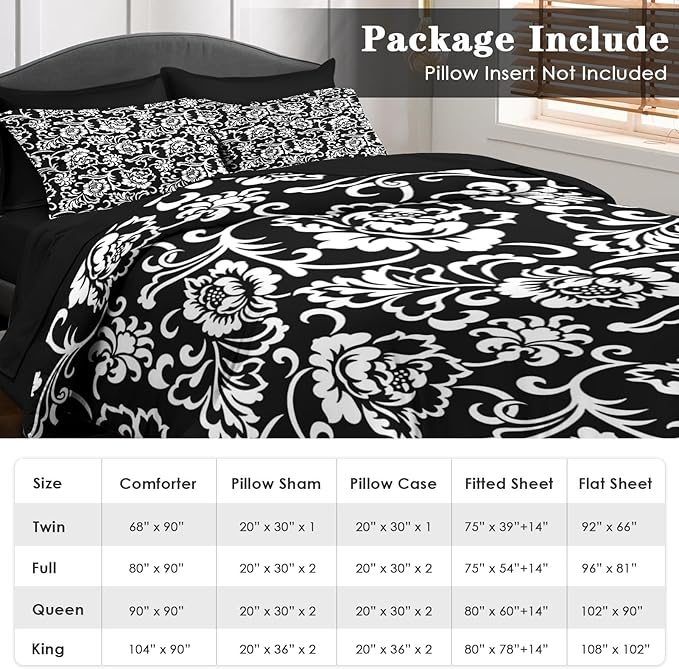 Comforter Set King Size, Vintage Floral Flower 7 Pcs Bedding for Kids and Adults, Leaf Plant Black Bed Sheet Sets with Fitted Sheet 2 Pillowcases & 2 Shams for Bedroom Bed Decor