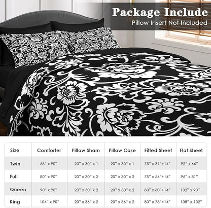 Comforter Set Queen Size, Vintage Floral Flower 7 Pcs Bedding for Kids and Adults, Black and White Bed Sheet Sets with Fitted Sheet 2 Pillowcases & 2 Shams for Bedroom Bed Decor