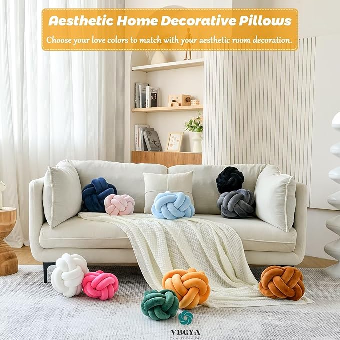 Knot Pillow Ball, Soft Home Decorative Throw Pillows Cushion, Round Changeability Knotted Pillows, Modern Home Handmade Cushions for Bedroom, Sofa, Couch (8 Inch, Dark Yellow)