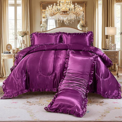 Purple Queen Comforter Silk Like Bedding 4 Pcs Hotel Soft Polyester Satin Bed Set Luxury Silky Body Pillow Cover Ruffle Home Decor