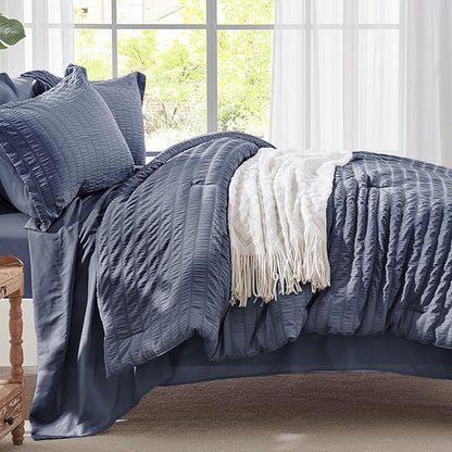Zzlpp Twin Bedding Set 5 Pieces, Greyish Blue Seersucker, All Season Comforter Set with 1 Comforter, 1 Pillow Sham, 1 Pillowcase, 1 Flat Sheet, 1 Fitted Sheet
