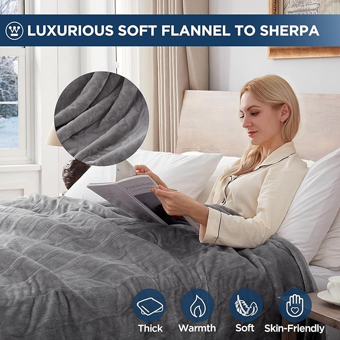 Westinghouse Electric Blanket Full Size, Super Cozy Soft Flannel 80"" x 84"" Heated Blanket with 10 Fast Heating Levels & 1-12 Auto-Off, Machine Washable, ETL&FCC Certification, Light Grey