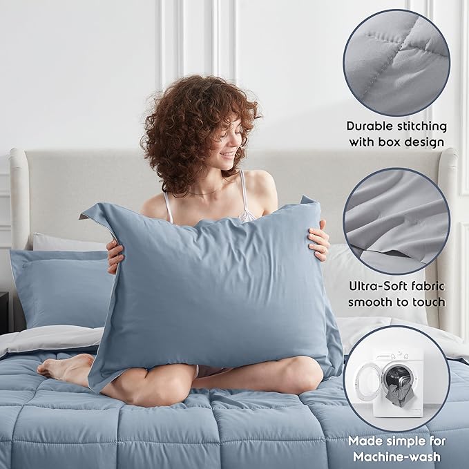 Nestl 7 Piece King Comforter Set – Stone Blue Reversible Bed in a Bag – Complete King Size Bedding Set with Sheets, Pillowcases and Shams