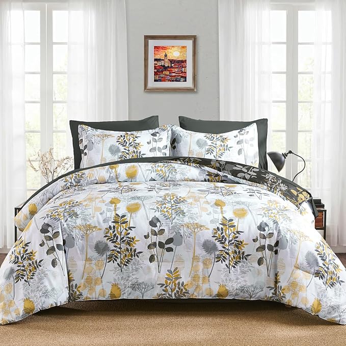Anibedding 7Pieces Queen Comforter Set, Grey Botanical Bed in a Bag Complete Set with Sheet Pillowcase for Bedroom All Season