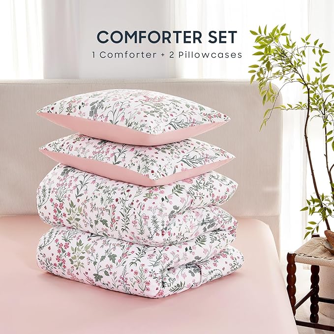 Wake In Cloud - Floral Comforter Set, Shabby Chic Cottage Garden Botanical Flower Style with Elegant Wildflower Pattern, Soft Lightweight Bedding, 3 Pieces, Pink White, Full Size