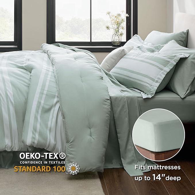 Bedsure Full Comforter Set 7 Pieces, Sage Green Striped Bedding Set for All Seasons, Reversible, Cationic Dyeing Bed in a Bag with Comforter, Sheets, Pillowcases & Shams