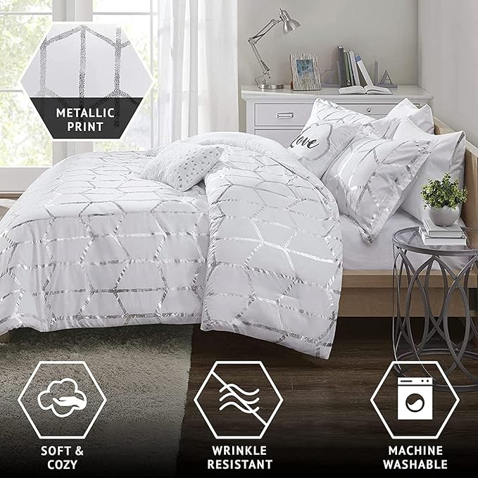Intelligent Design Raina Full/Queen Comforter Set, Soft Microfiber, Modern Geometric Metallic Bed Set, 5 Pieces College Bedding with 2 Shams, 2 Toss Pillows White/Silver