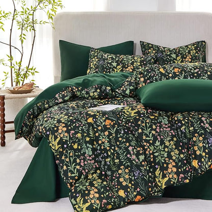 Wake In Cloud - Floral Comforter Set, Shabby Chic Cottage Garden Botanical Flower Style with Elegant Wildflower Pattern, Soft Lightweight Bedding, 3 Pieces, Dark Green, Queen Size