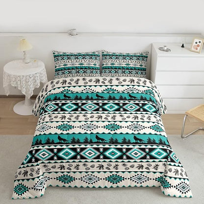 Aztec Geometric Kids Bedding Set King Size,Southwest Tribal Ethnic Comforter Set，Wolf Rustic Cabin Quilt Comforter,Beige Retro Bedroom Duvet Insert,2 Pillowcases