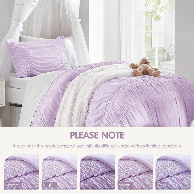Intelligent Design Twin Comforter Set Ruched Shabby Chic Comforters for Twin Size Bed, All Season Lightweight Purple Ruffle French Country Bedding Set, Sham, Ella, Twin/Twin XL, Lavender 2 Piece