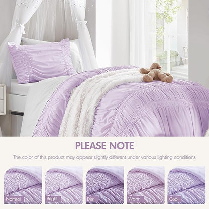 Intelligent Design Twin Comforter Set Ruched Shabby Chic Comforters for Twin Size Bed, All Season Lightweight Purple Ruffle French Country Bedding Set, Sham, Ella, Twin/Twin XL, Lavender 2 Piece