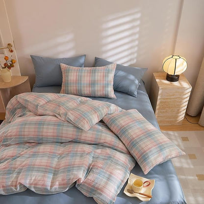 HighBuy Full Comforter Set Blue Pink Plaid Bedding Comforter with 2 Pillowcases for Women Girls Geometric Checkered Pattern Gingham Comforter Set Fluffy Soft Lightweight Bedding Comforter Full