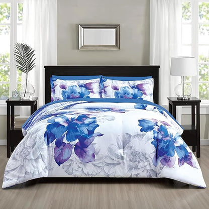 Sunshine Nicole Soft Brushed Microfiber Comforter Set, 7 Pieces King, with Light Weight Soft Poly Fill, Printed Dark Blue Grey Big Florals Face with Print Reverse