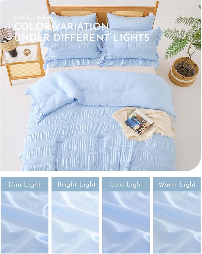 Light Blue Twin Comforter Set, Seersucker Vintage Comforter Ultra-Soft Blue Bedding Set Twin Size 3 Piece Set, Down Alternative Lightweight Comforter Set (Blue, Twin 68"x90")