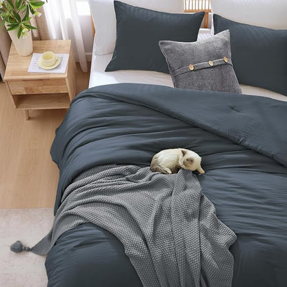 WRENSONGE Full Size Comforter Sets - 3 Pieces Blue Grey Comforter Prewashed Soft Lightweight for All Seasons, Fluffy Down Alternative Comforter Full Size with 2 Pillow Shams