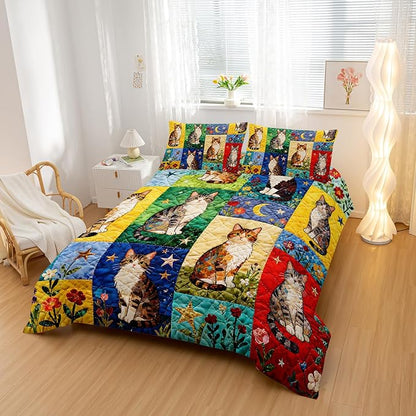 Cartoon Cat Comforter Set Twin Size 3PCS,Cat Puzzle Bedding Set for Teen Adult,Floral Cat Animal Themed Room Decor Ultra-Soft Lightweight Microfiber with 2 Pillowcases