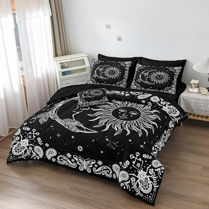 Sun and Moon Comforter Set 8 Pcs Black White Paisley Bedding Sets Stars Starry Sky Galaxy Theme Boho Comforter Paisley Floral Exotic Bedding Comforter Queen Bed in A Bag