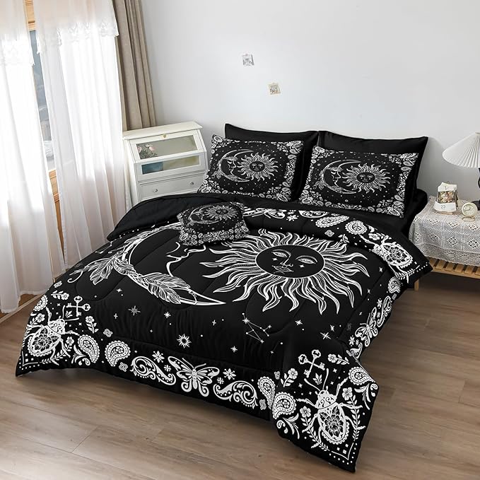 Sun and Moon Comforter Set 8 Pcs Black White Paisley Bedding Sets Stars Starry Sky Galaxy Theme Boho Comforter Paisley Floral Exotic Bedding Comforter King Bed in A Bag