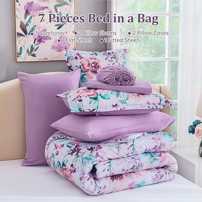 Luxudecor Floral Comforter Set Queen Size 7 Pieces Bed in a Bag, Purple Flower Watercolor Bed Set, Soft Comforter with Sheet Set 90"x90"