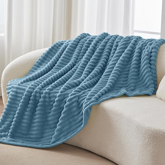 BEDELITE Fleece Throw Blanket for Couch - 300GSM Soft & Warm Fluffy Light Blue Blanket, Decorative and Giftable Striped Blankets for Women, Men, 50"x60"